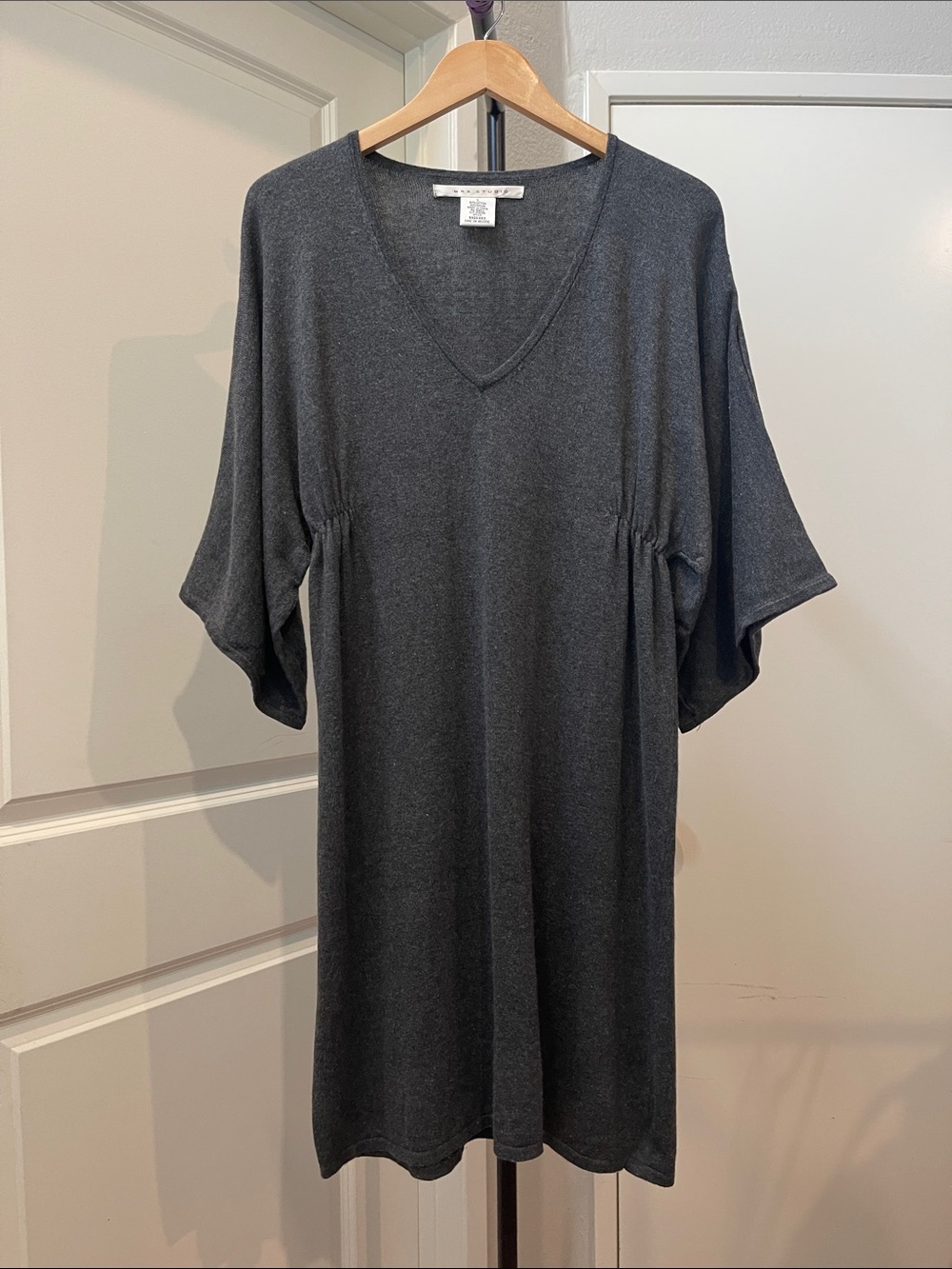 Max Studio  Charcoal Knit V-Neck Midi Dress with Dolman Sleeves